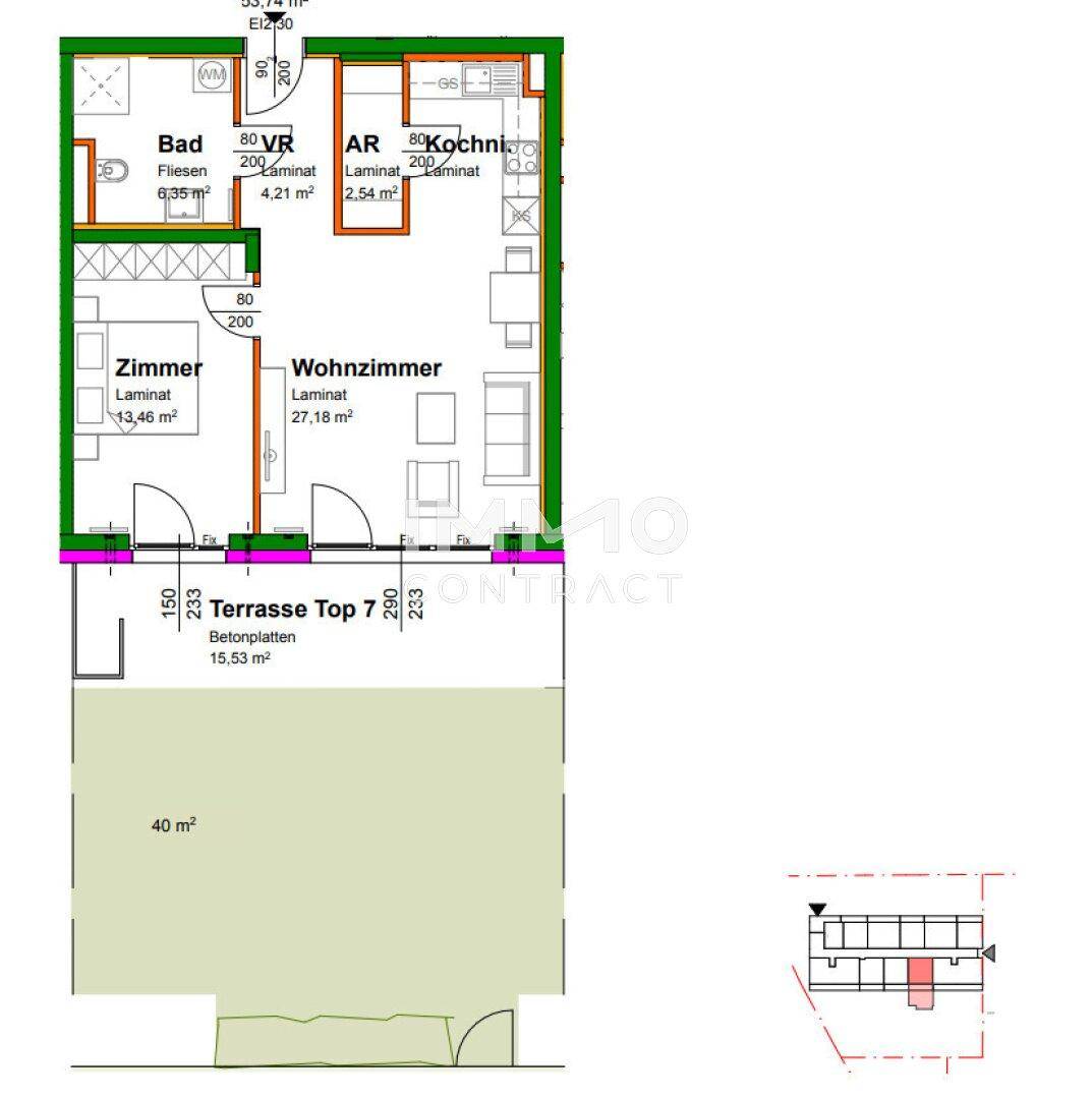 Detaillierter Grundriss der Wohnung mit Terrasse, Bad, Zimmer und offenem Wohnbereich.
