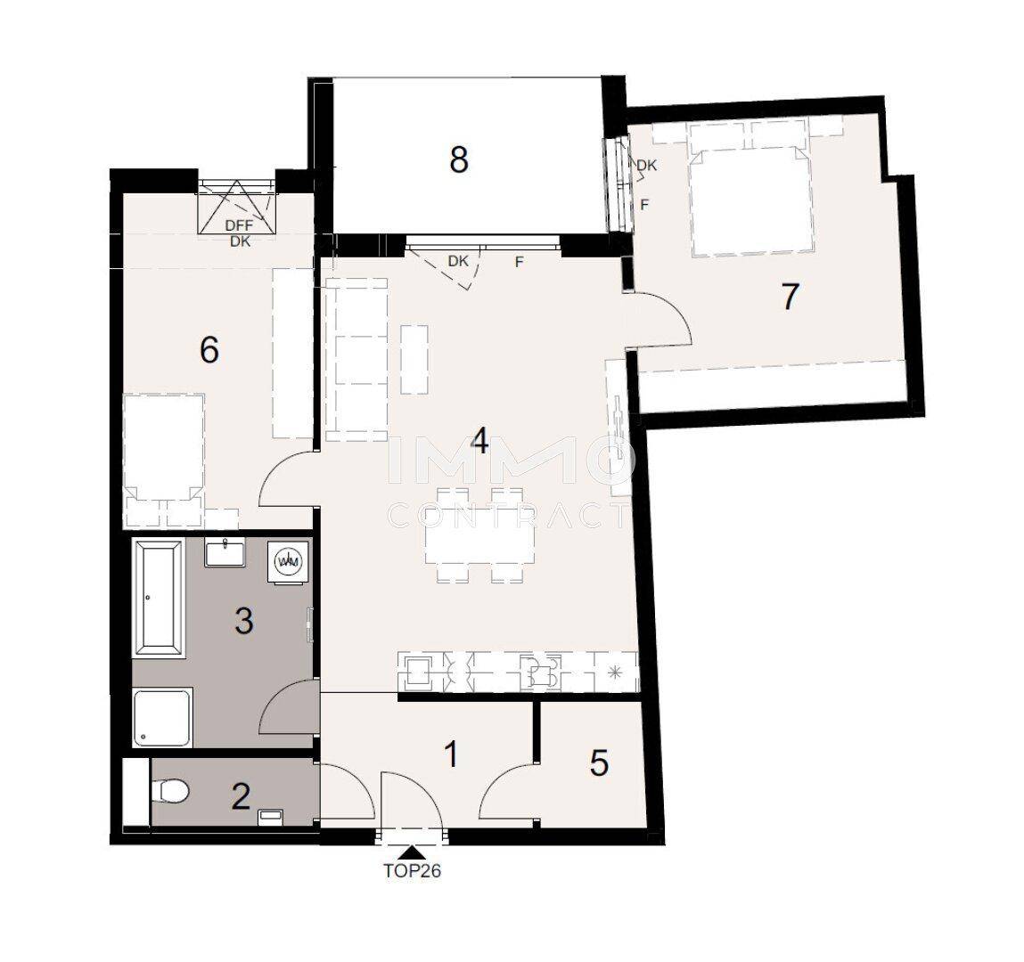 Grundriss einer Wohnung mit offenem Wohnbereich, zwei Schlafzimmern und einem Badezimmer.