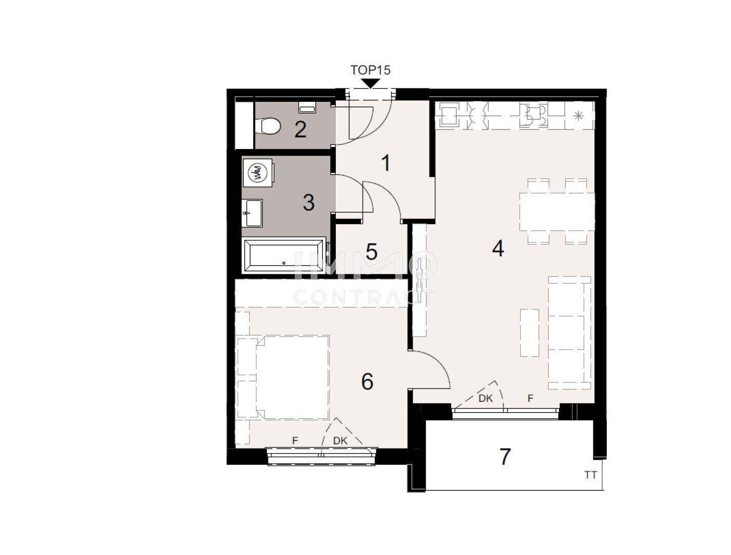 Grundriss einer Wohnung mit Schlafzimmer, Bad, WC und offenem Wohnbereich mit Terrasse.