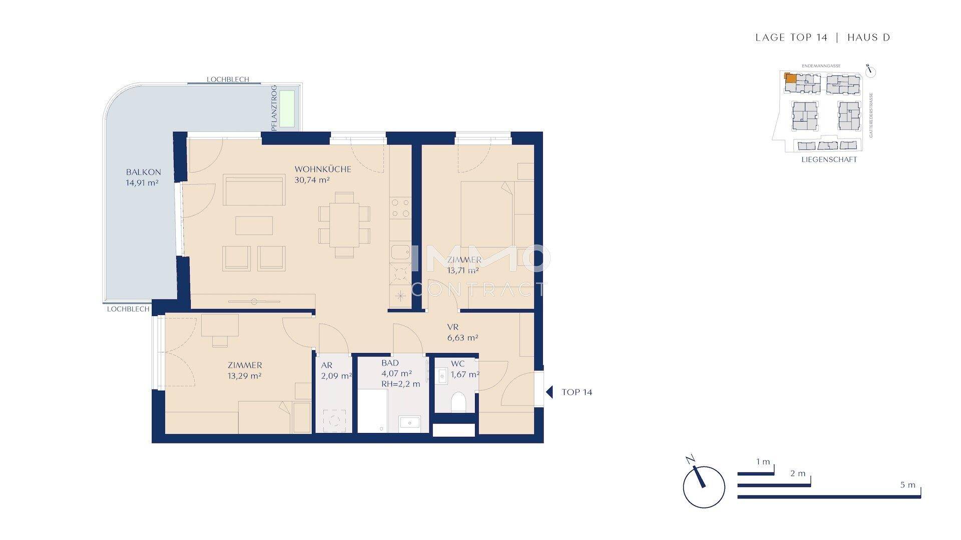 Grundriss der Wohnung Top 14 in Haus D mit Balkon und offener Wohnküche.