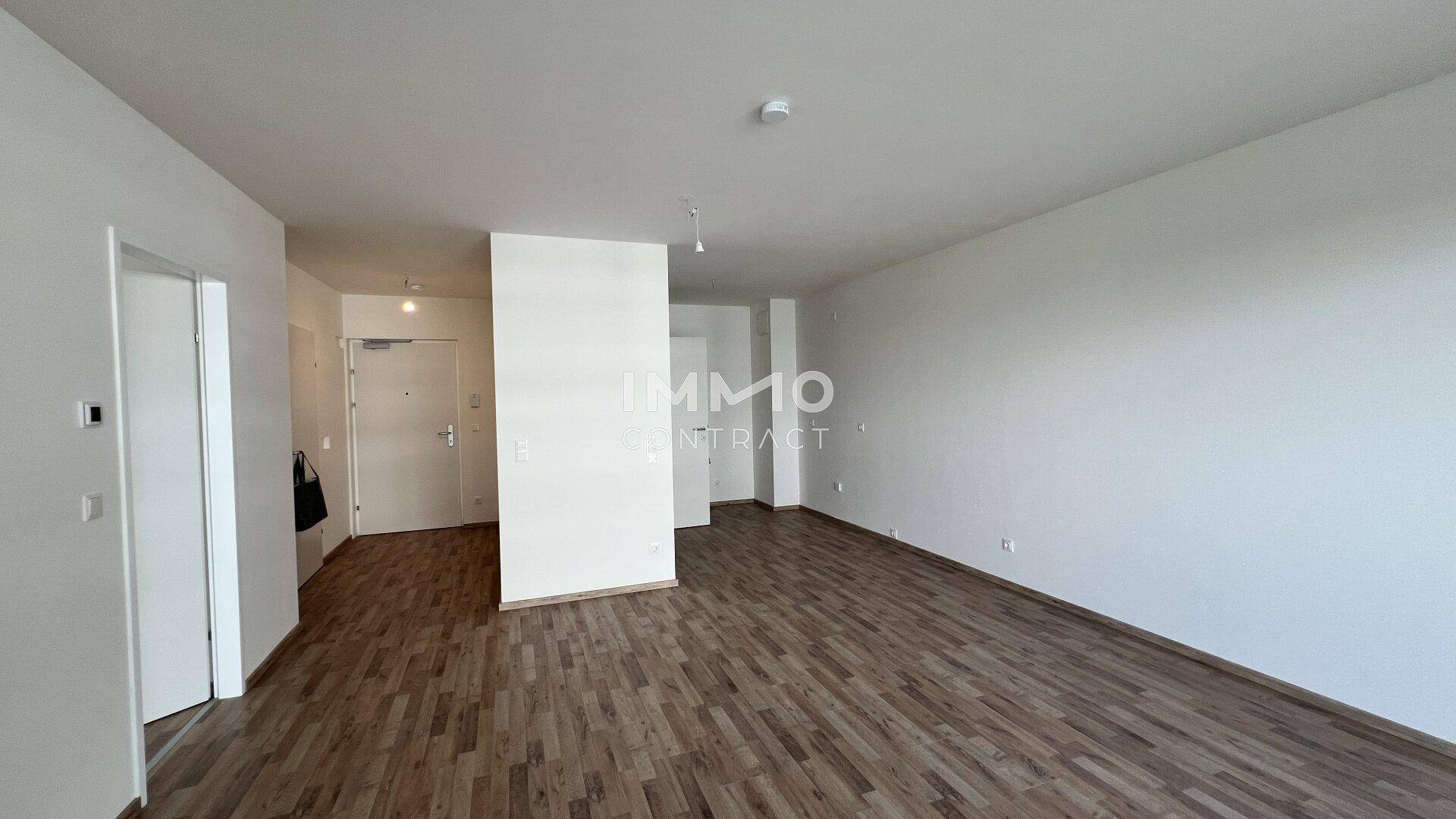 Weitläufiger Wohnbereich mit Laminatboden und offenem Übergang zum Eingangsbereich.