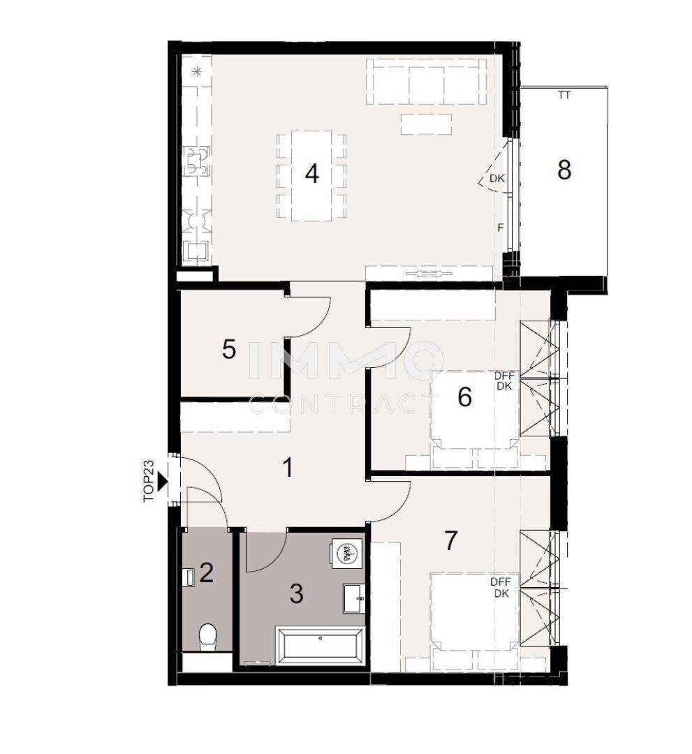 Grundriss einer Wohnung mit mehreren Zimmern, Bad und Balkon.