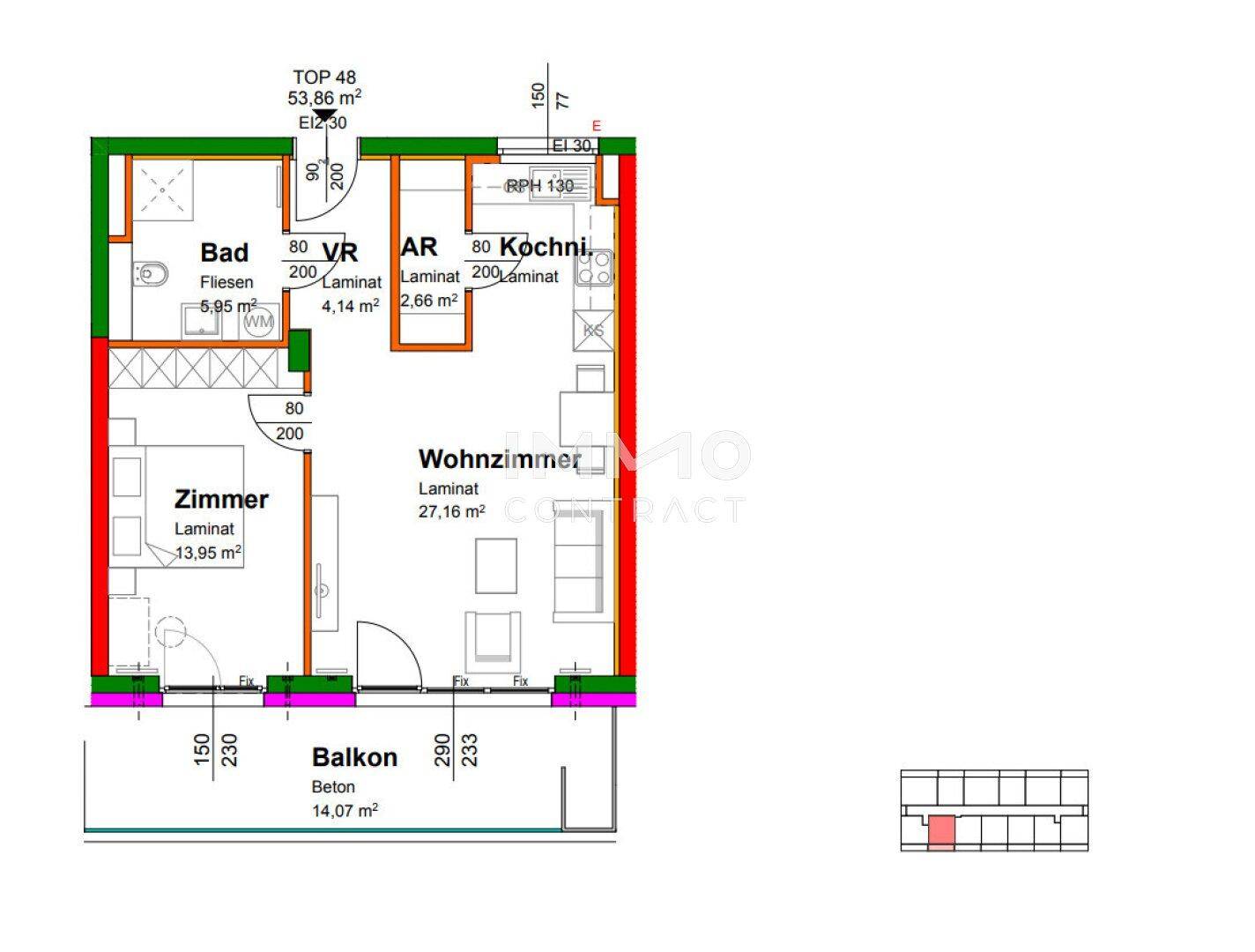 Detaillierter Grundriss der Wohnung mit Zimmer, Wohnzimmer, Küche und Balkon.