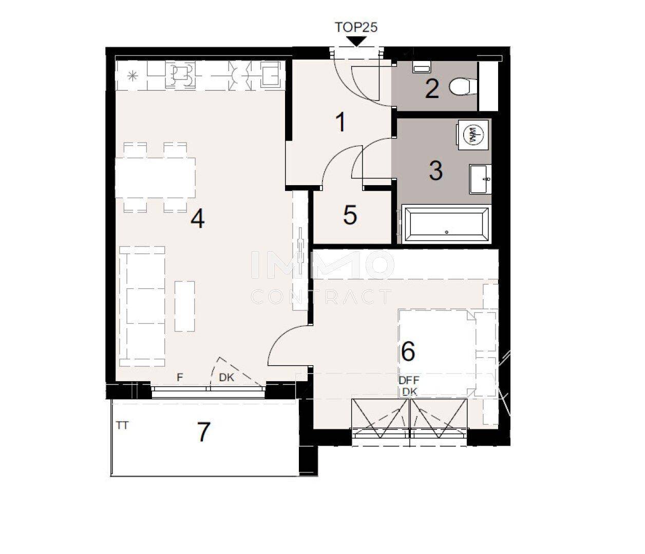 Grundriss einer Wohnung mit offenem Wohnbereich, zwei Schlafzimmern, Bad und separatem WC.