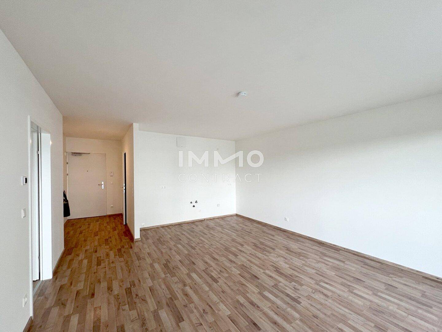 Offener Wohnbereich mit Laminatboden und Blick zum Eingang, bietet viel Gestaltungsfreiheit.