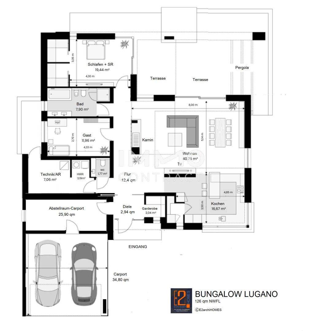 Detaillierter Grundriss eines Bungalows mit Wohnbereich, Küche, Schlafzimmer und Terrasse.