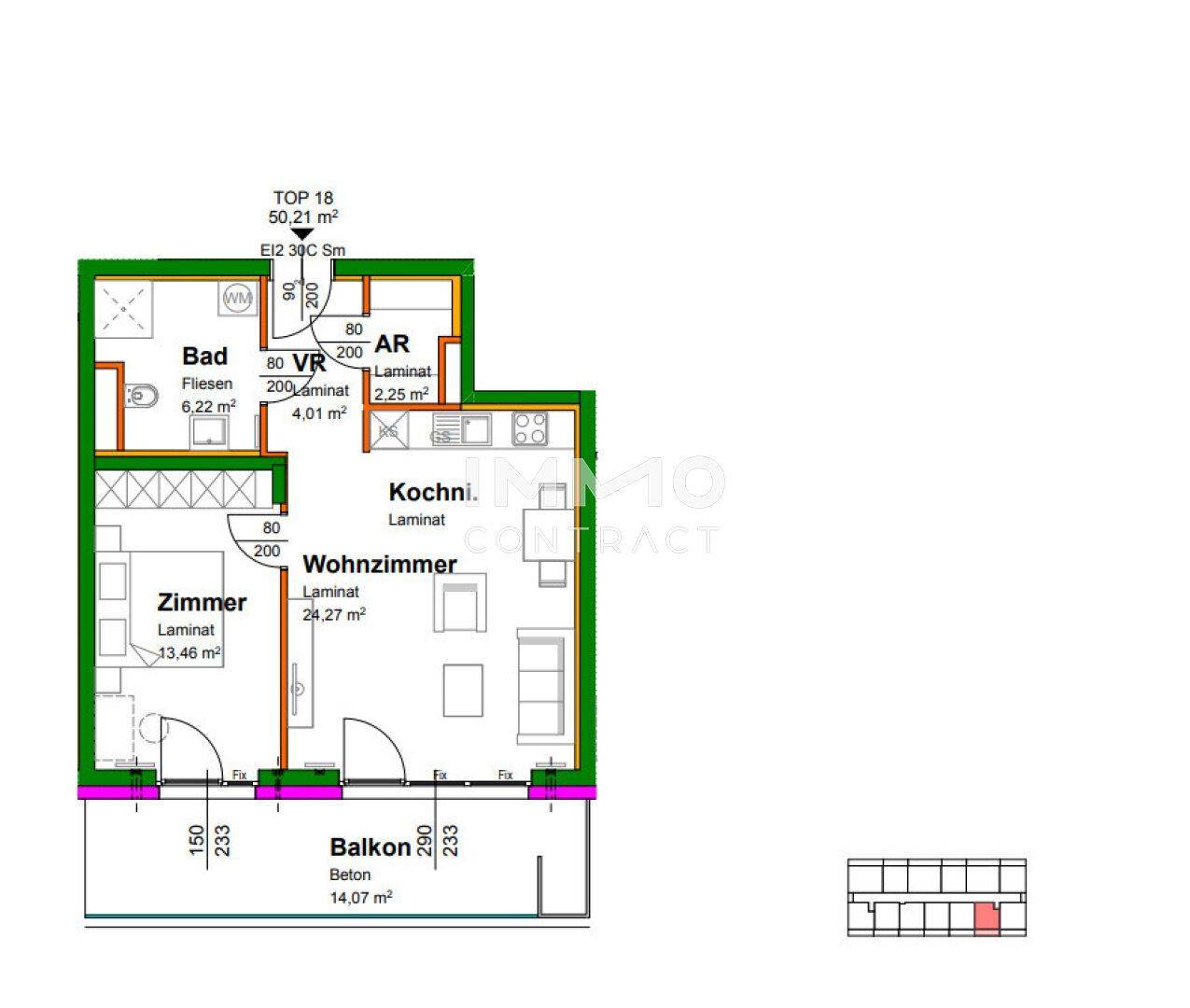 Grundriss der Wohnung mit Balkon, separatem Zimmer und offenem Wohnbereich.