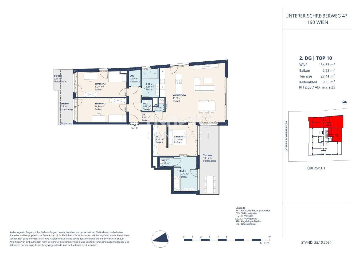 Detaillierter Grundriss einer Wohnung mit mehreren Zimmern und Terrassen.