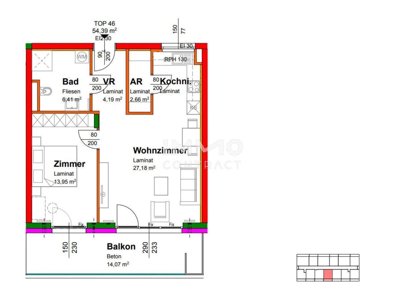 Grundriss einer Wohnung mit Wohnzimmer, Schlafzimmer, Bad, Kochnische und Balkon.