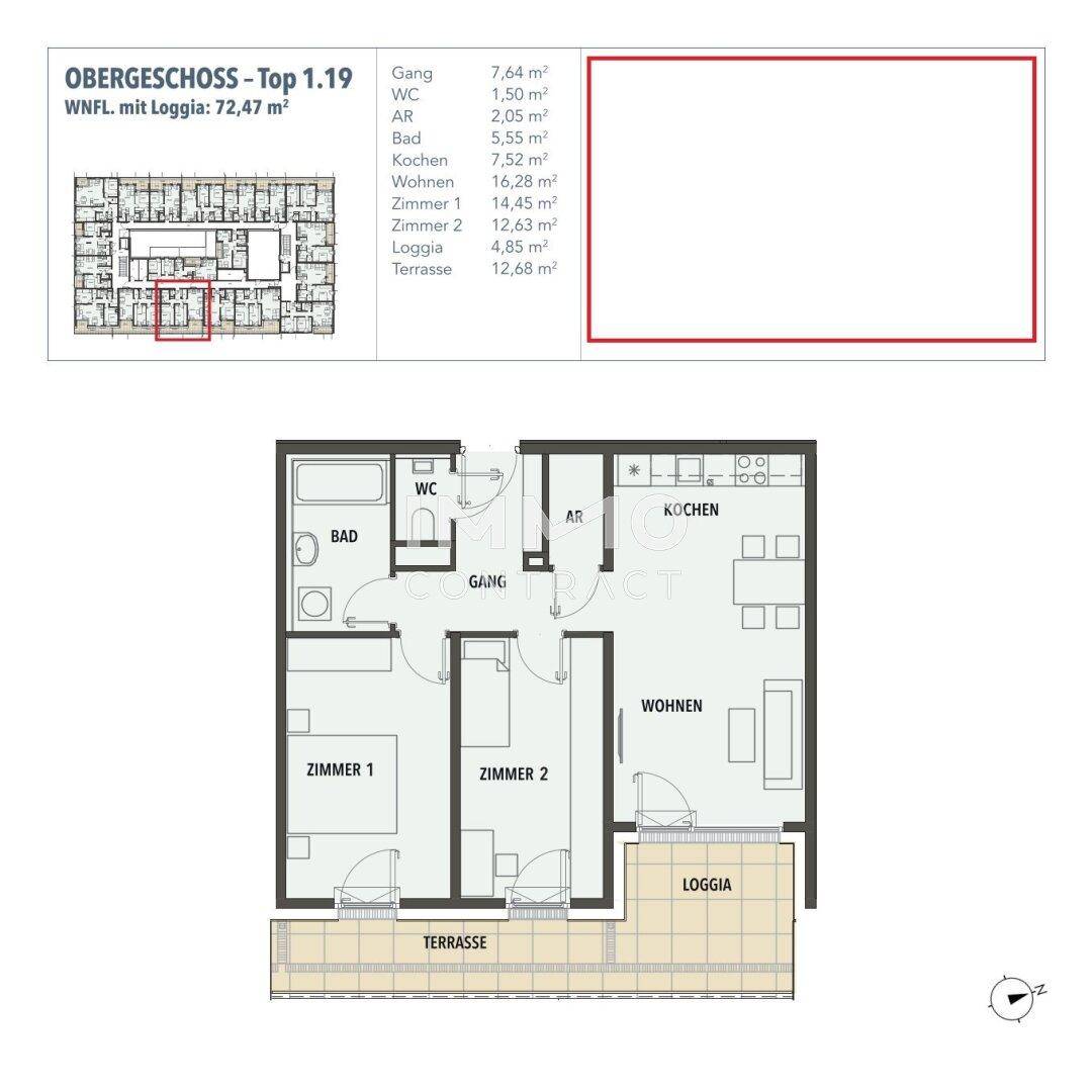 Grundriss der Wohnung mit zwei Zimmern, offener Küche, Bad, Loggia und Terrasse.