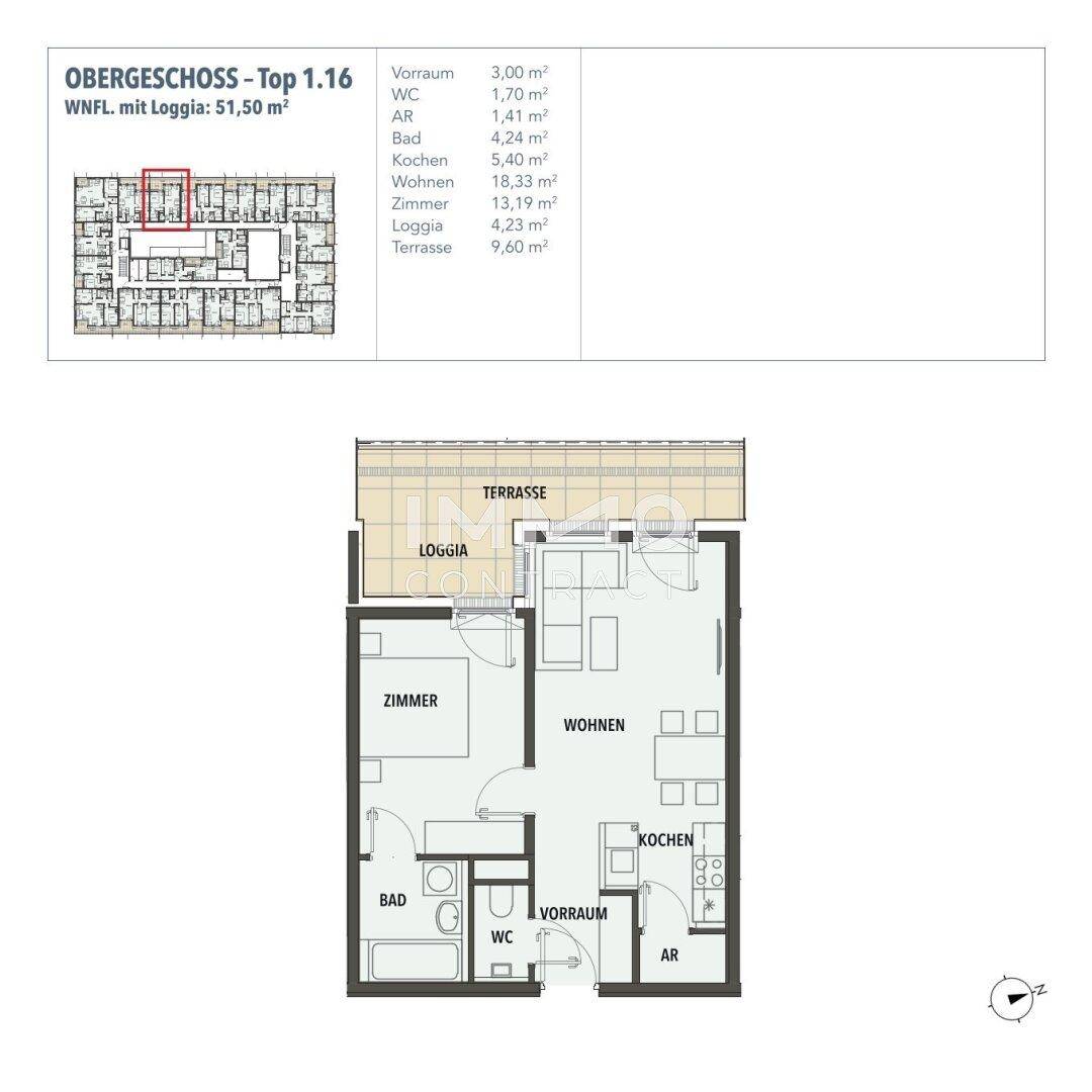 Grundriss des Obergeschosses Top 1.16 mit Loggia und Terrasse, zeigt eine effiziente Raumaufteilung.