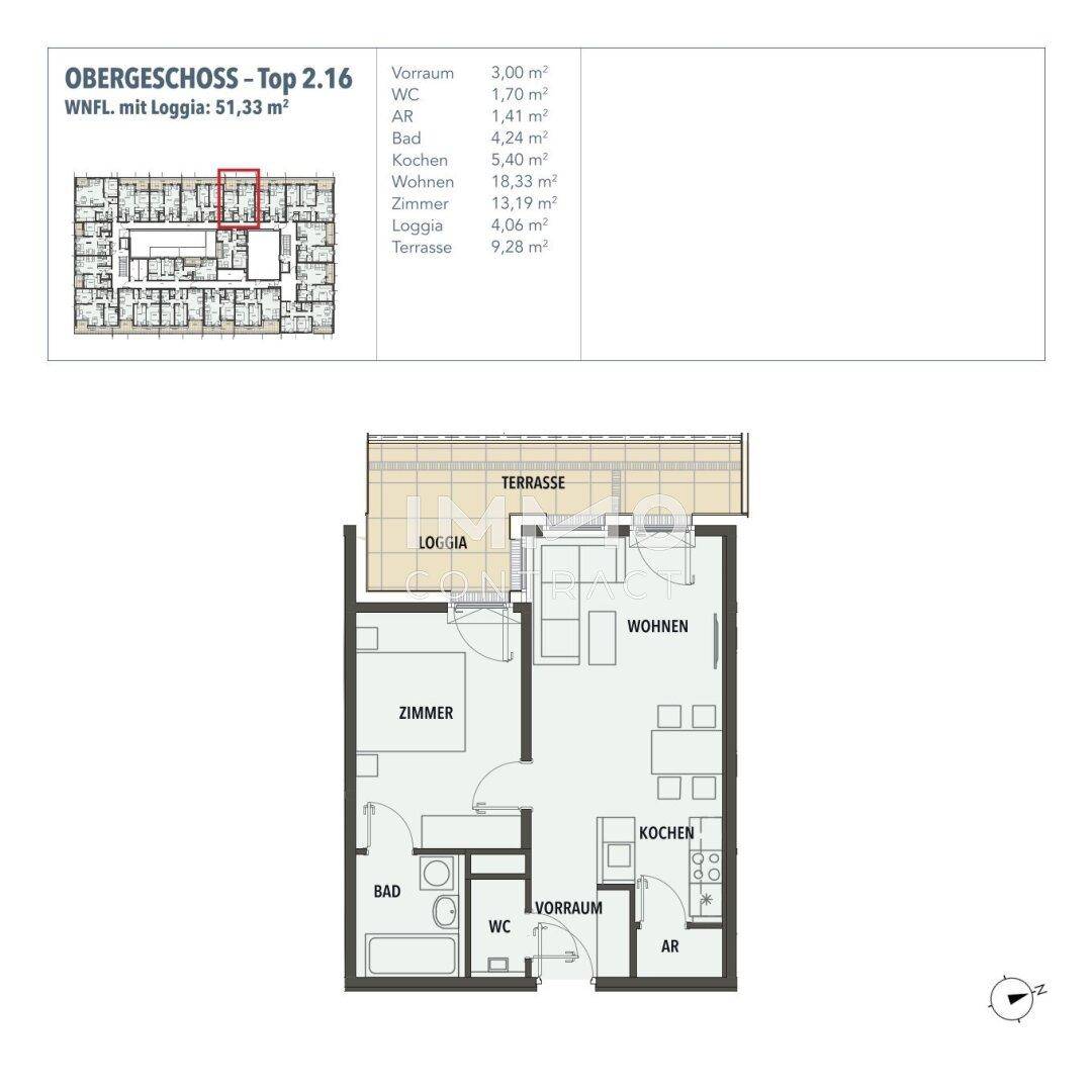Grundriss einer Wohnung im Obergeschoss mit Loggia und Terrasse.