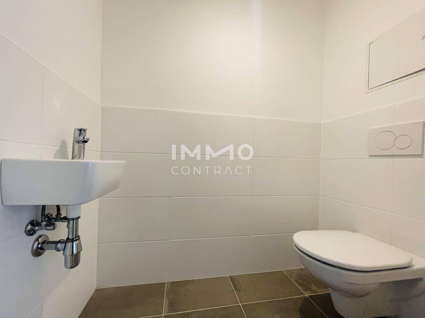 Separates Gäste-WC mit Wand-WC und kleinem Waschbecken, ausgestattet mit modernen Fliesen.