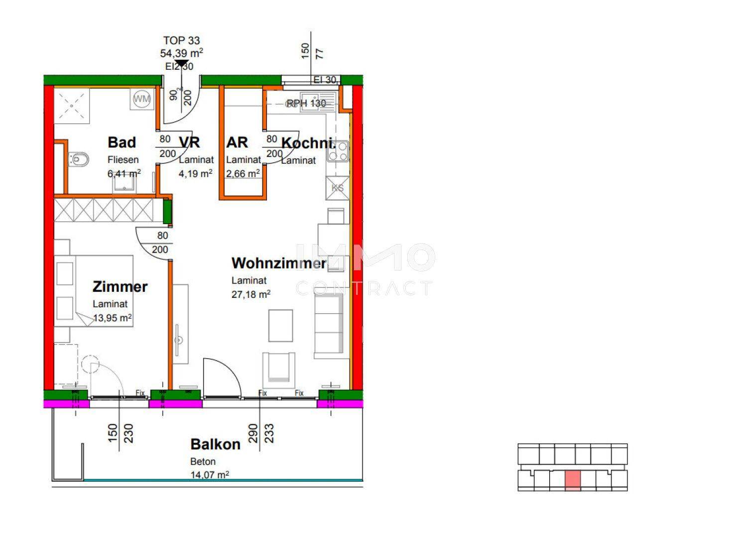 Grundriss der Wohnung TOP 33 mit Bad, Kochnische, Wohnzimmer, Zimmer und großem Balkon.