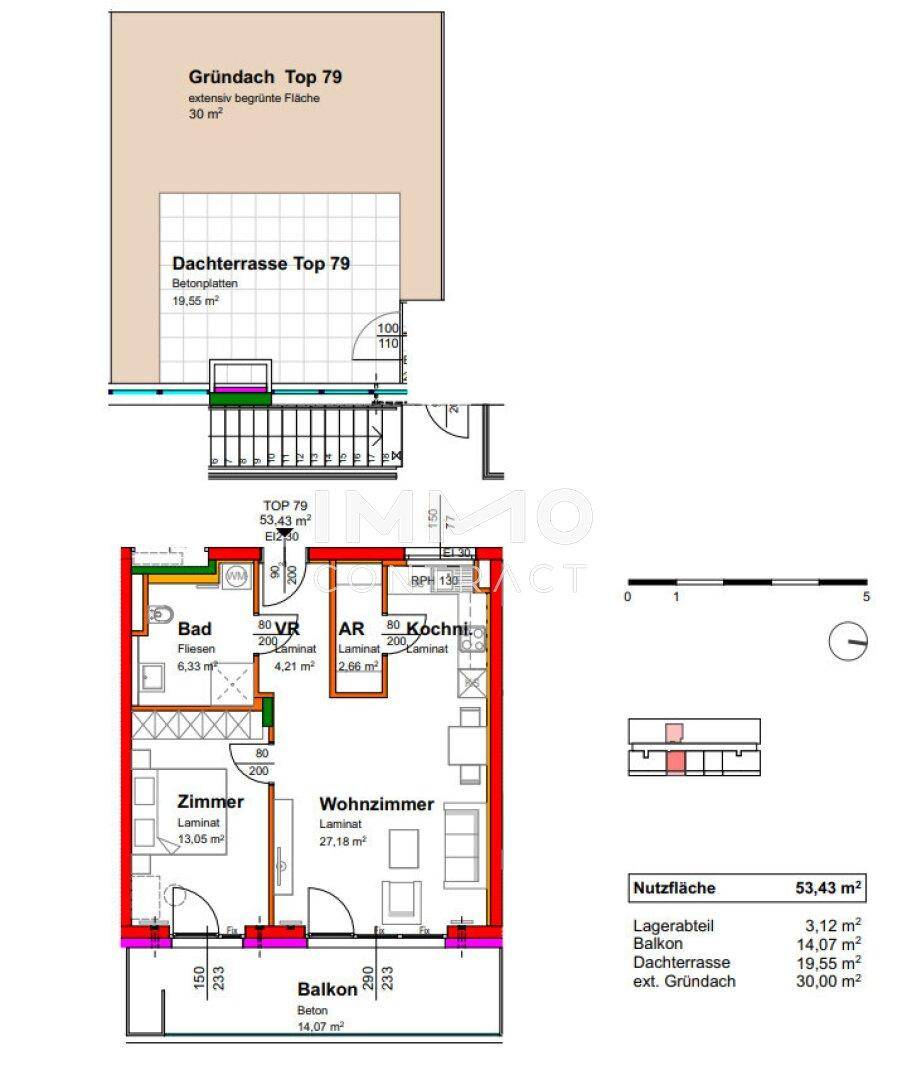 Grundriss der Wohnung Top 79 mit Dachterrasse, Balkon und extensiver Begrünung.