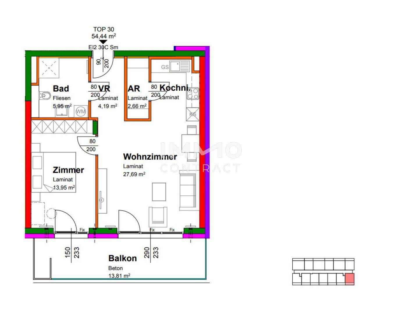 Grundriss der Wohnung TOP 30 mit 54,44 m² und großem Balkon.