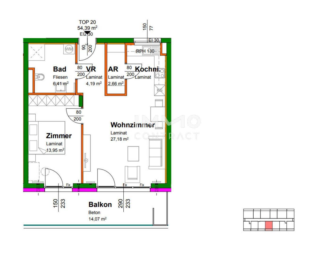 Grundriss der Wohnung mit Wohnzimmer, Schlafzimmer, Kochnische und Balkon.