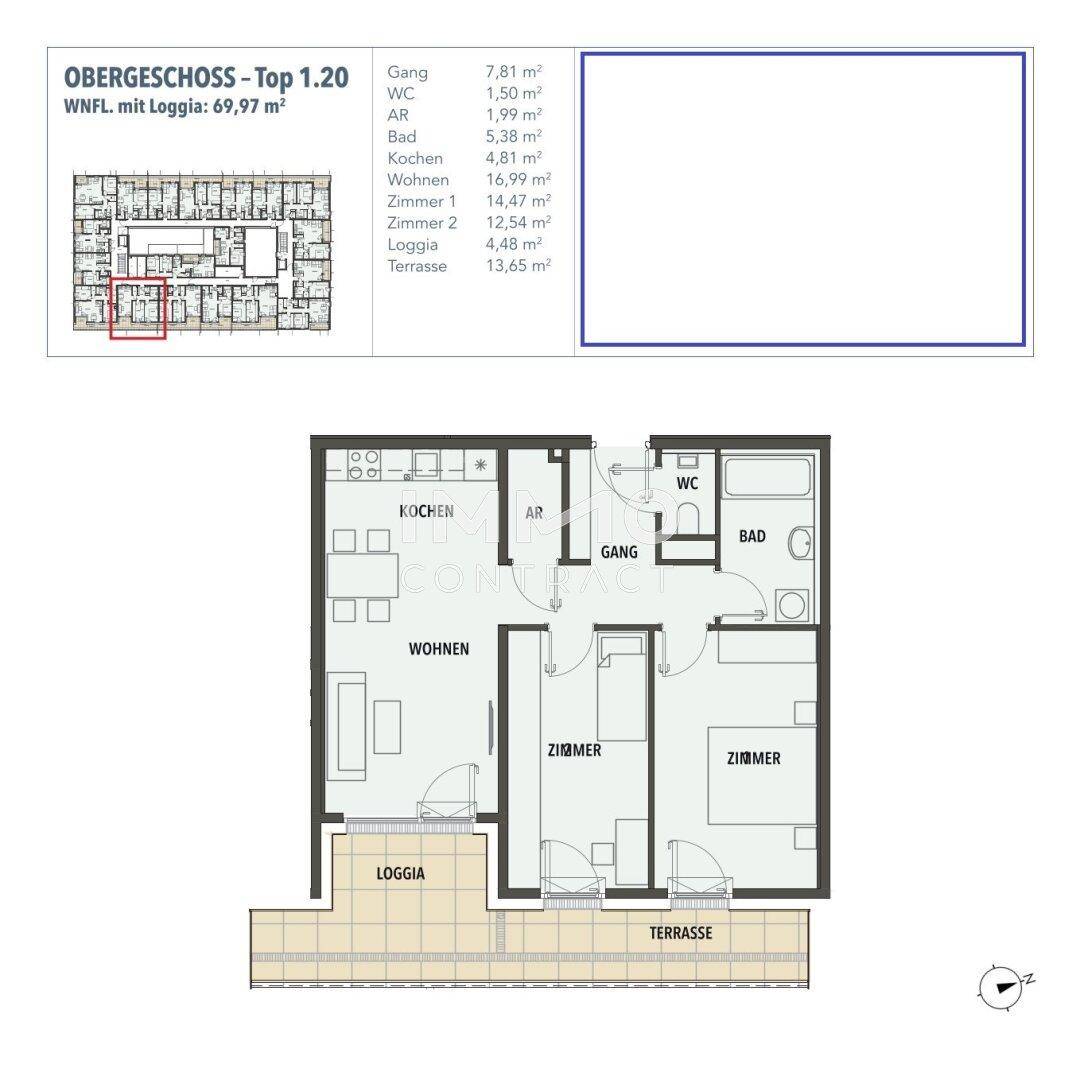 Grundriss der Wohnung Top 1.20 mit Loggia und Terrasse, zeigt die Raumaufteilung.