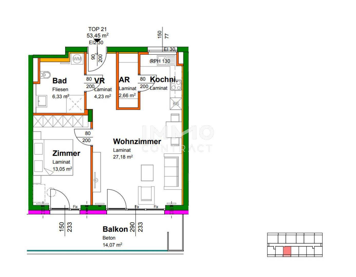 Detaillierter Grundriss der Wohnung TOP 21 mit Balkon, Bad und separater Küche.