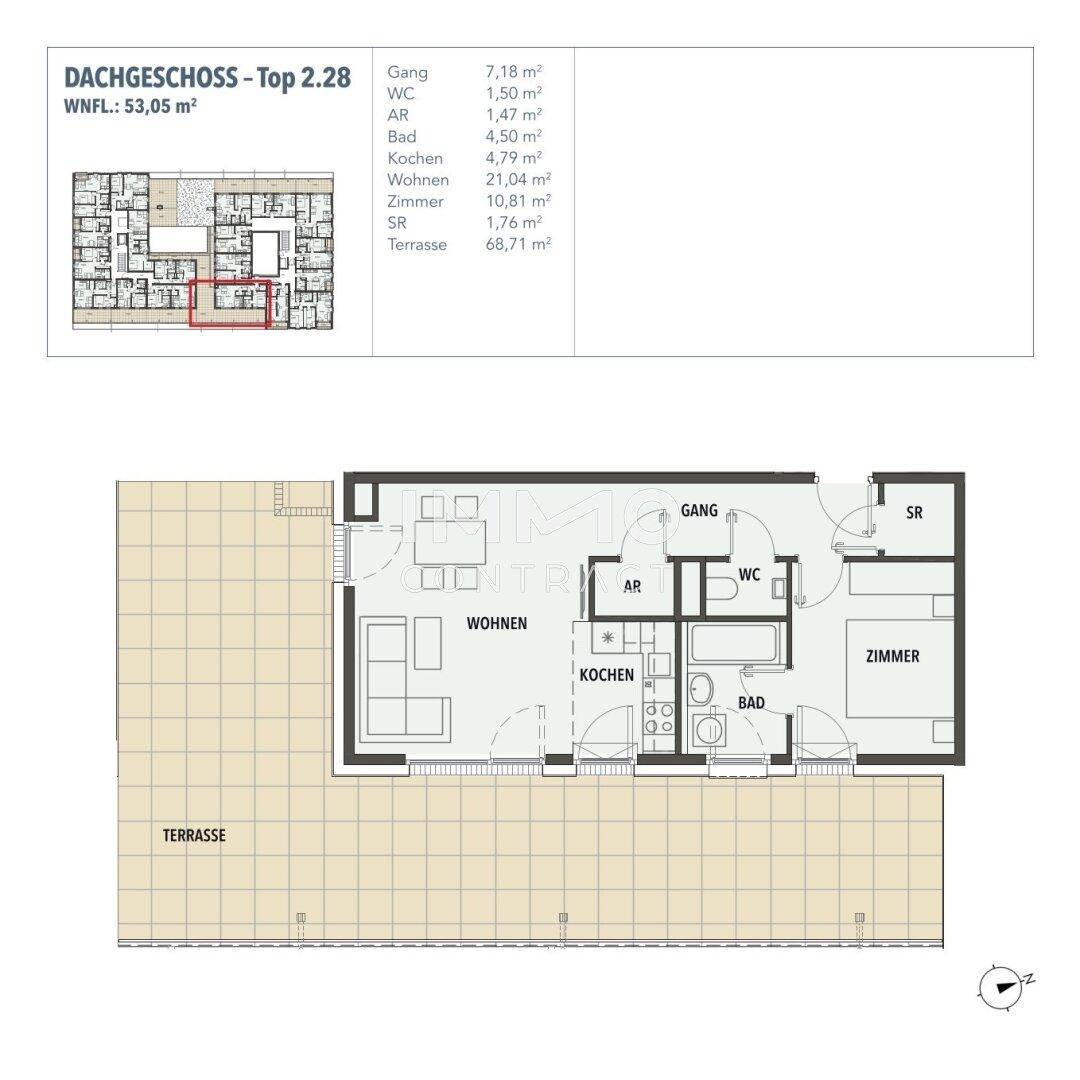 Detaillierter Grundriss der Dachgeschosswohnung mit großer Terrasse und funktionaler Raumaufteilung.