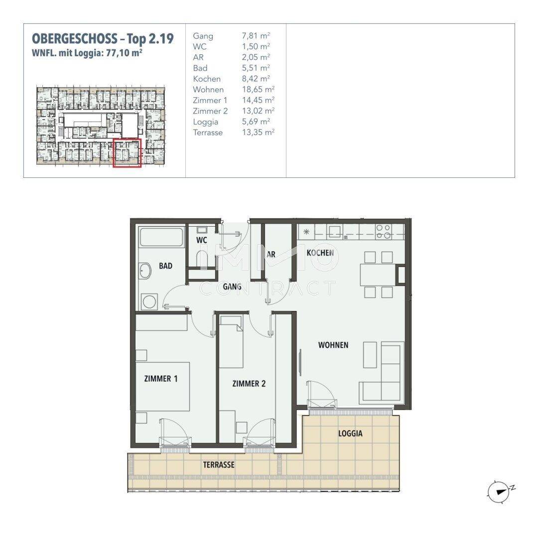 Grundriss der Wohnung Top 2.19 zeigt eine effiziente Raumaufteilung mit Loggia und Terrasse.