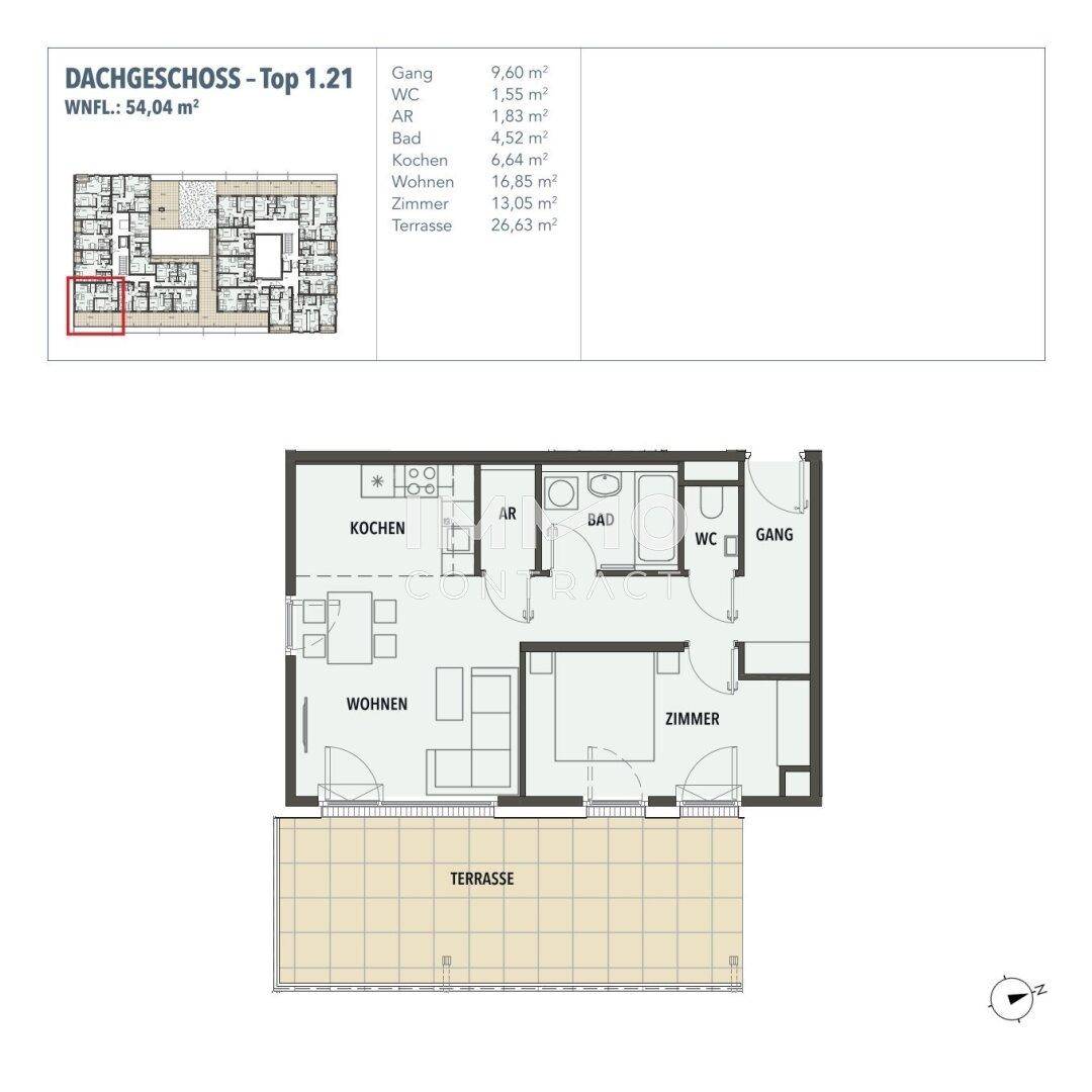 Grundriss der Dachgeschosswohnung Top 1.21 mit Terrasse und offenem Wohnbereich.