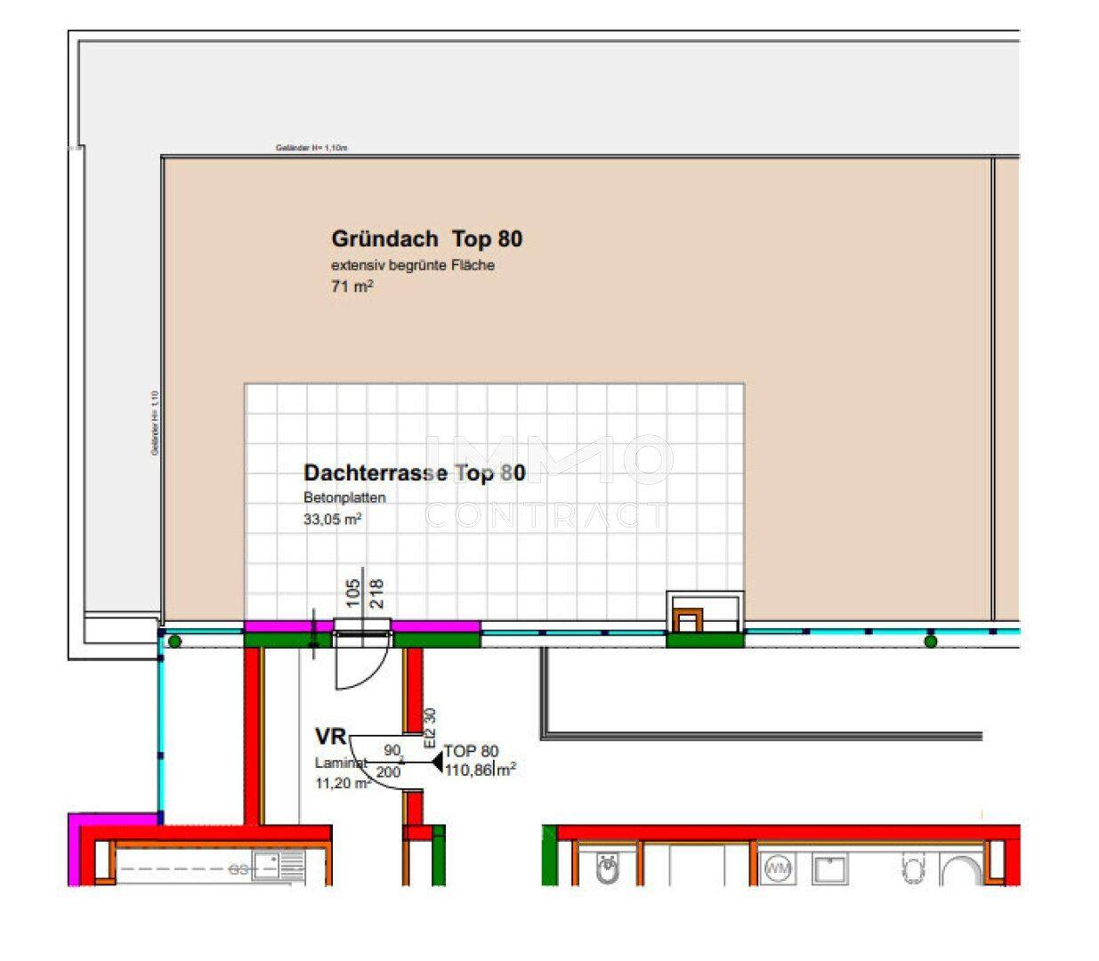 Grundriss der Dachterrasse mit extensiver Begrünung und Betonplatten, Gesamtfläche 71 m².