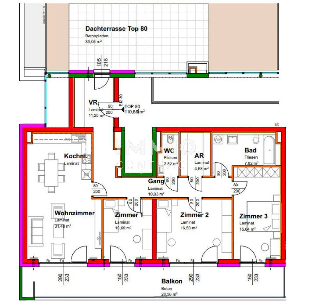 Detaillierter Grundriss der Wohnung mit drei Zimmern, offener Küche und Dachterrasse.