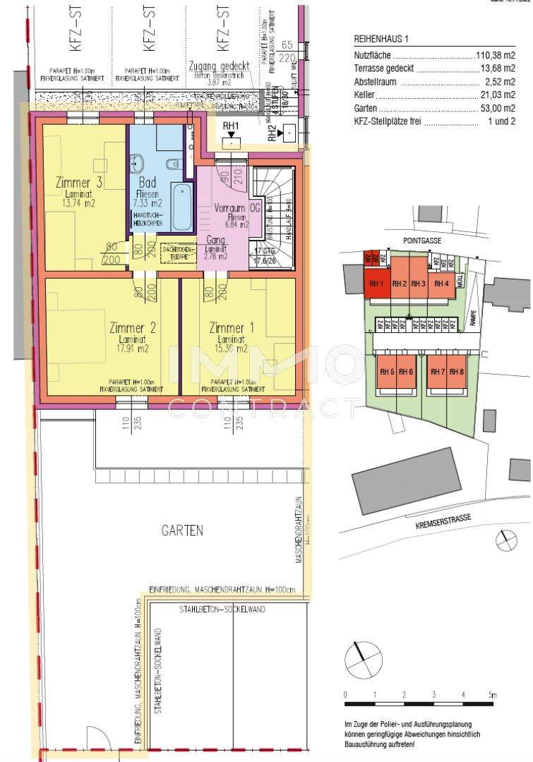 Grundriss des Obergeschosses mit drei Zimmern, Bad und Treppenhaus.