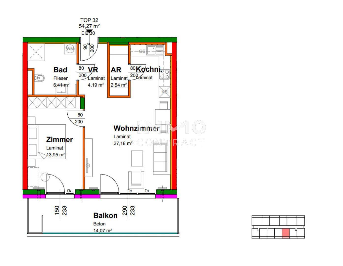 Grundriss der Wohnung TOP 32 mit einem Schlafzimmer, Wohnzimmer, Kochnische und Balkon.