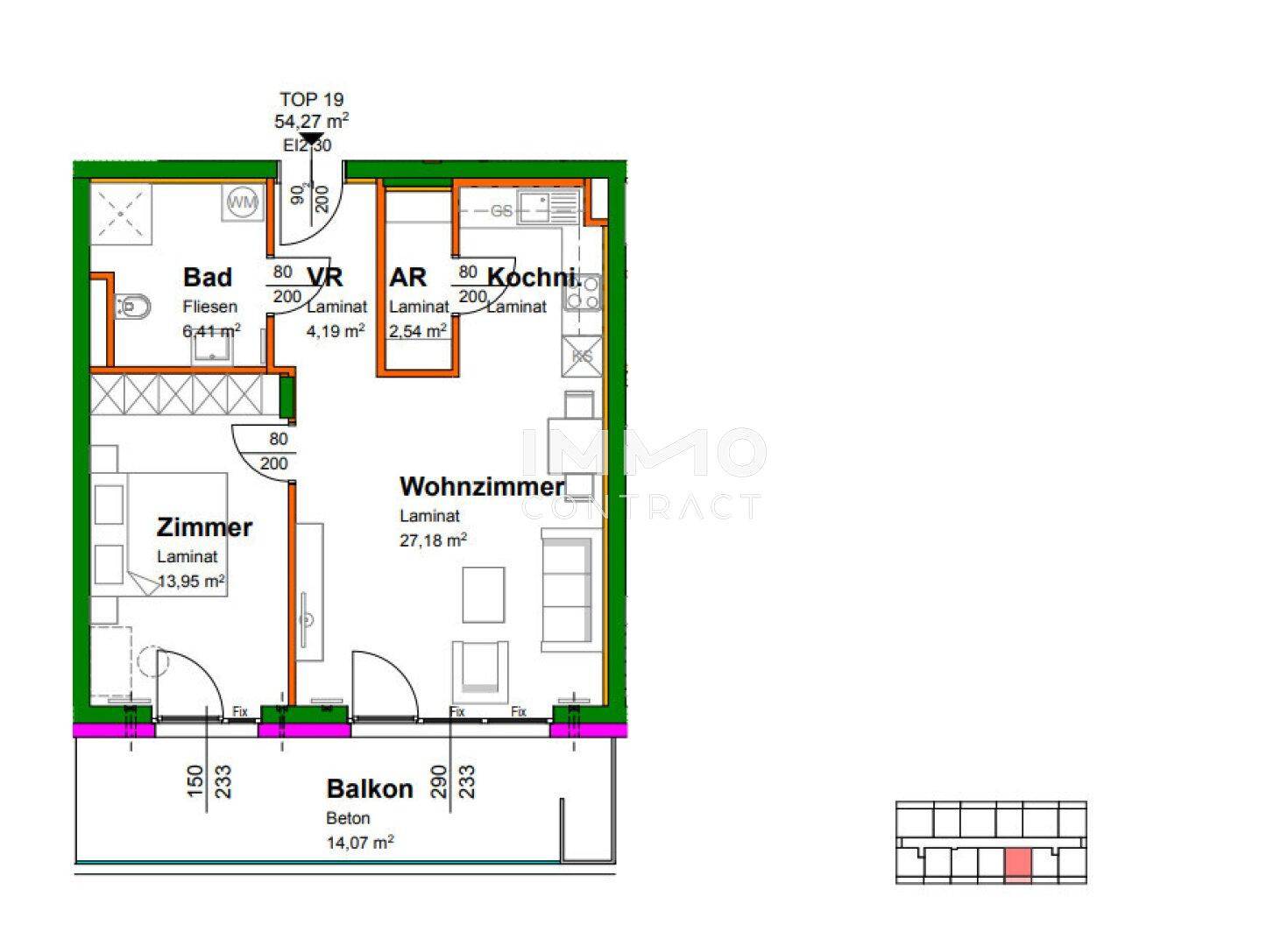 Grundriss einer 54,27 m² Wohnung mit Balkon, Schlafzimmer und offenem Wohnbereich.