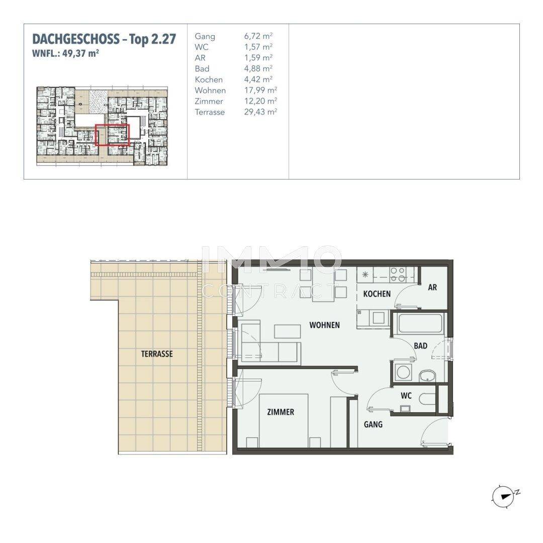 Grundriss einer Dachgeschosswohnung mit Terrasse und offenem Wohnbereich.