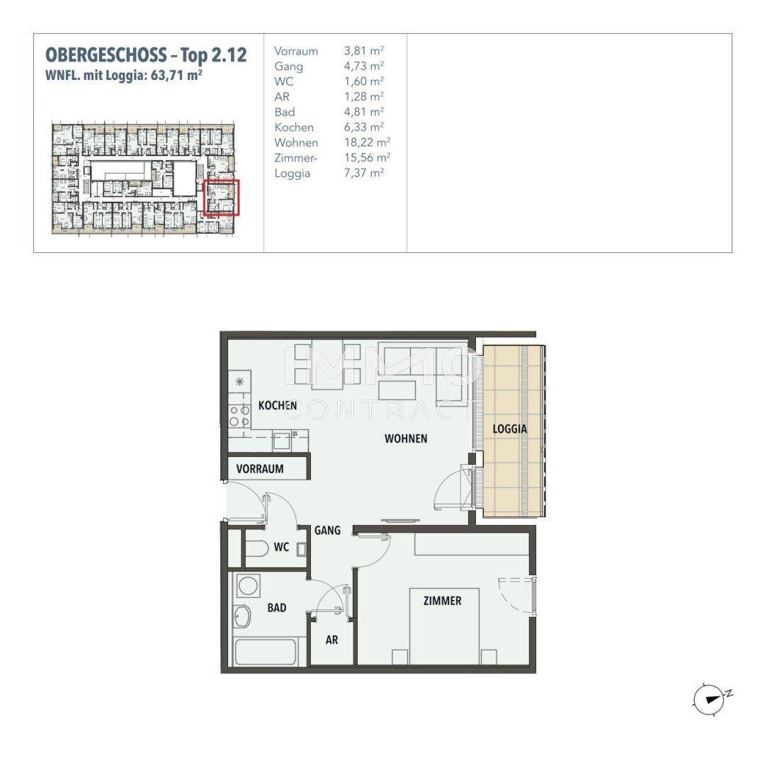 Grundriss der Wohnung Top 2.12 mit Loggia und offener Wohnküche.