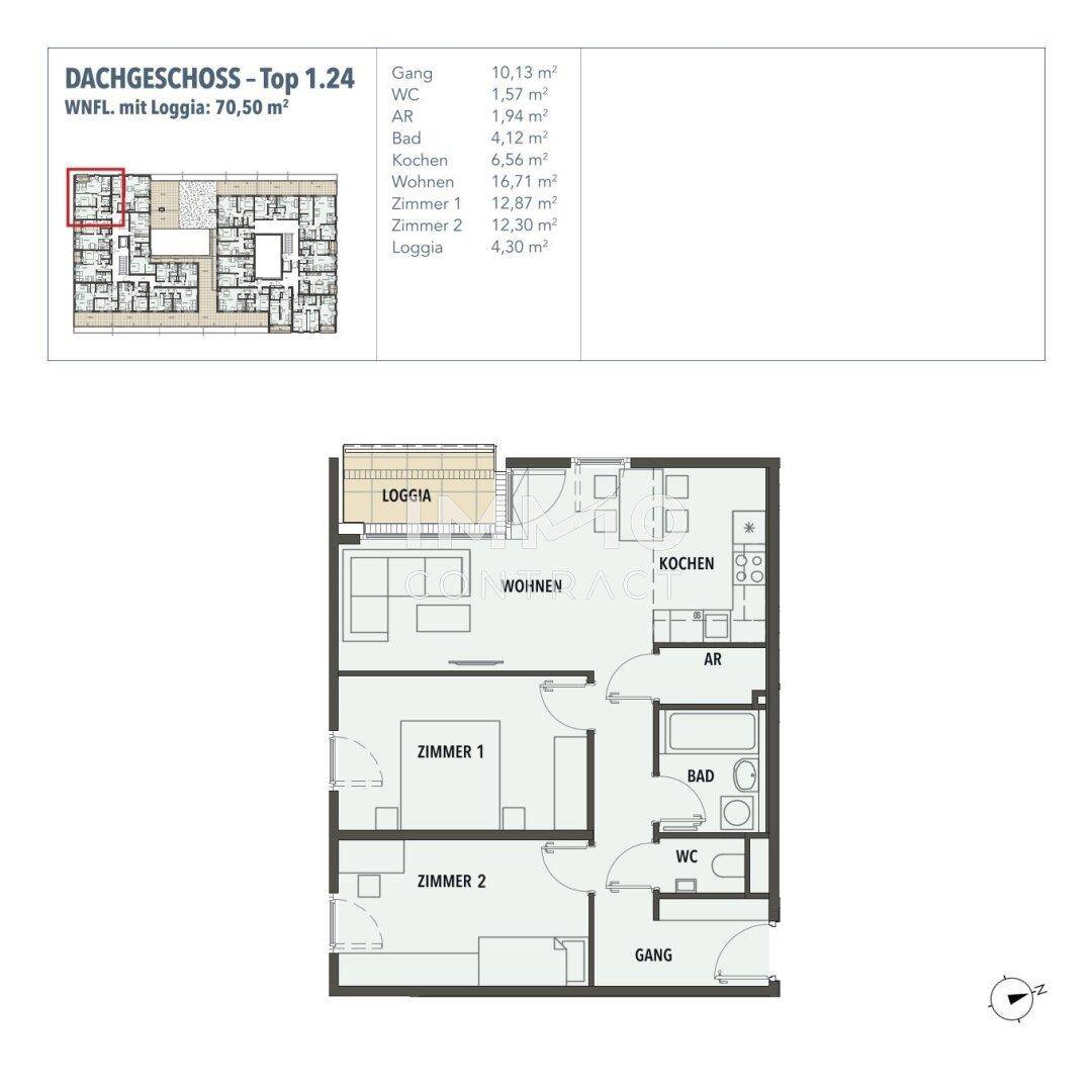 Grundriss des Dachgeschosses Top 1.24 mit zwei Zimmern, Wohnbereich und Loggia.