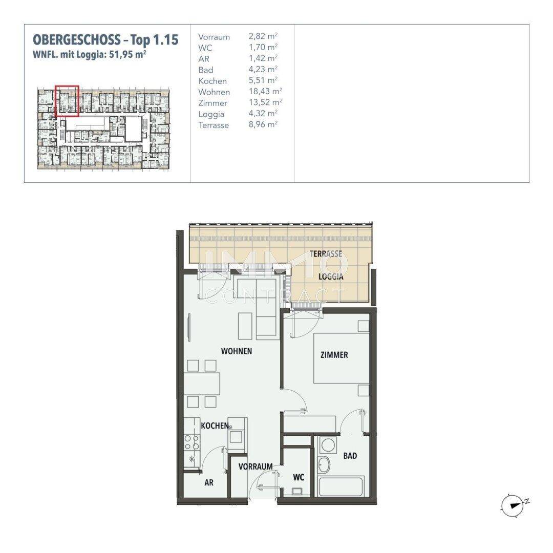 Grundriss des Obergeschosses Top 1.15 mit Loggia und Terrasse, zeigt eine effiziente Raumaufteilung.