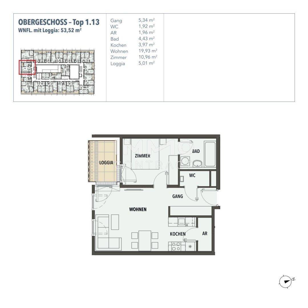 Grundriss des Obergeschosses Top 1.13 mit Loggia, Wohnbereich und separater Küche.