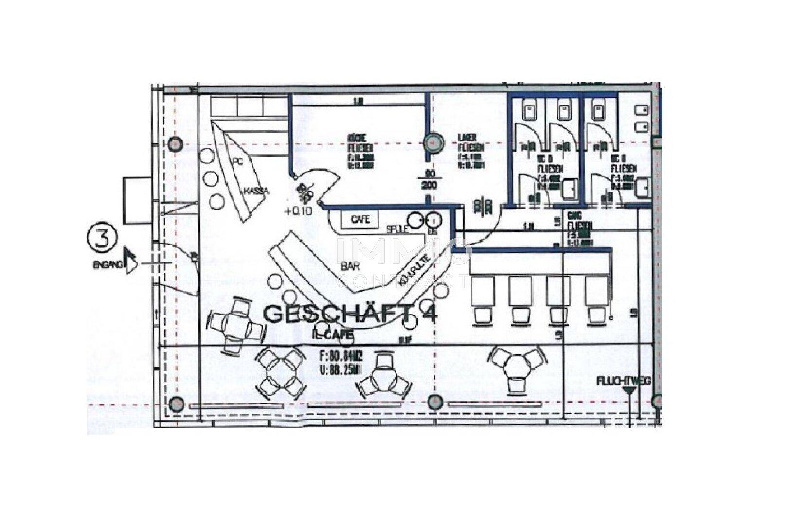 Grundriss des Geschäftsraums mit Café, Bar, Lager und Toilettenbereich.