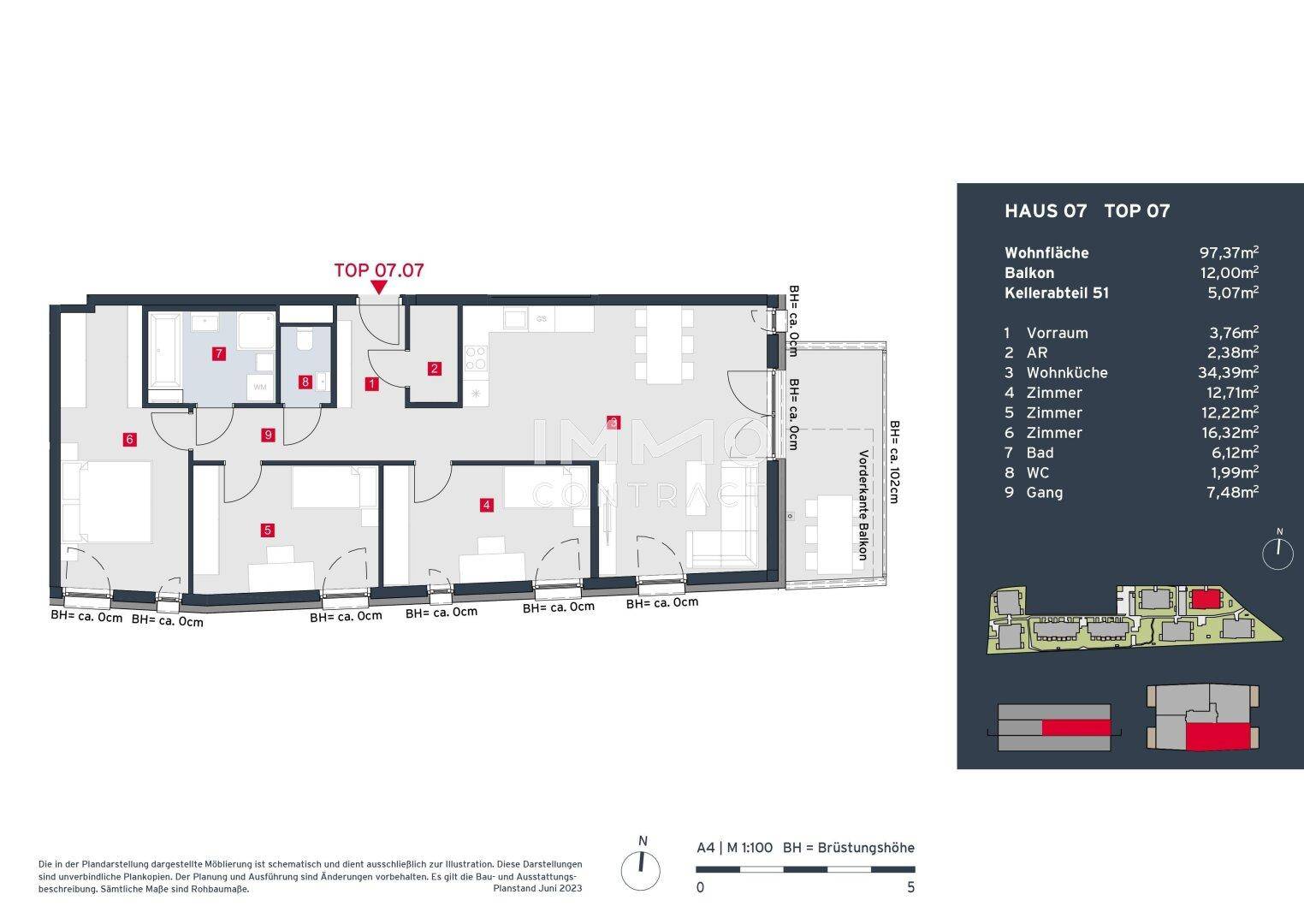Detaillierter Grundriss der Wohnung Top 07.07 mit Balkon und klarer Raumaufteilung.