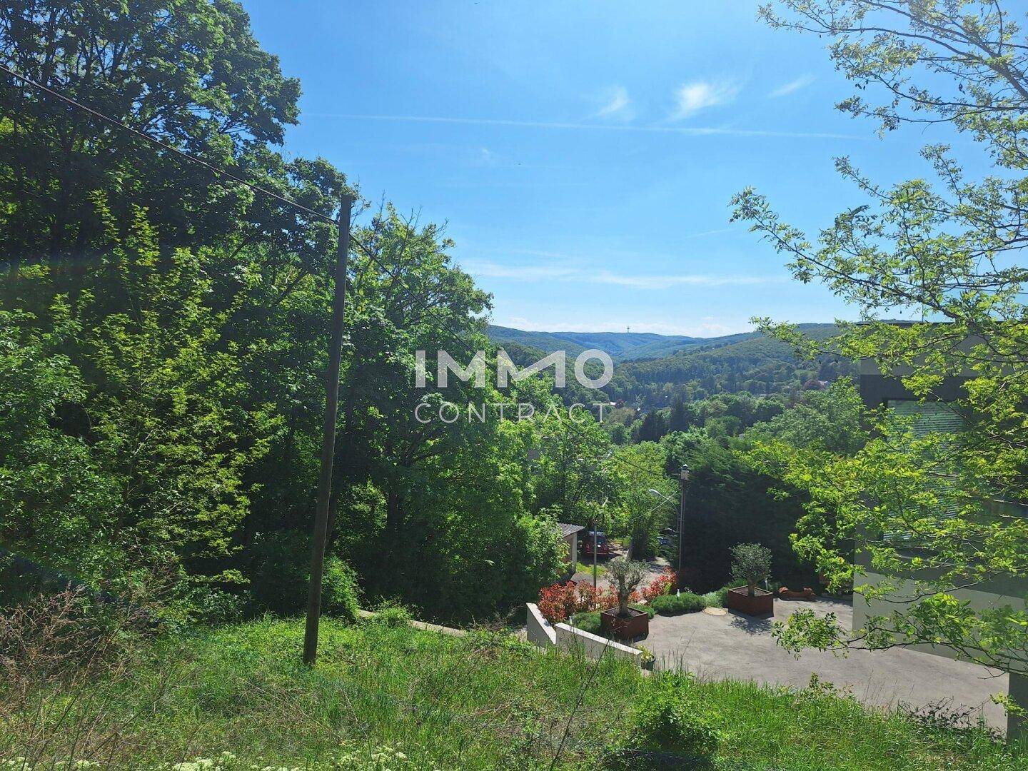 Panoramablick auf die grüne Landschaft mit einem Teil des Grundstücks im Vordergrund.