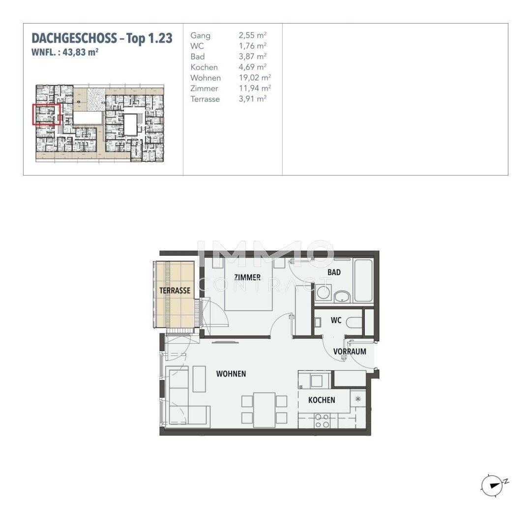 Grundriss des Dachgeschosses Top 1.23 mit Wohn-, Schlaf- und Küchenbereich sowie Terrasse.