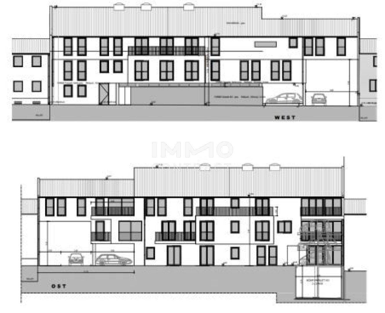 Architektonische Ansichten des Gebäudes von West und Ost mit Fenster- und Balkonstrukturen.