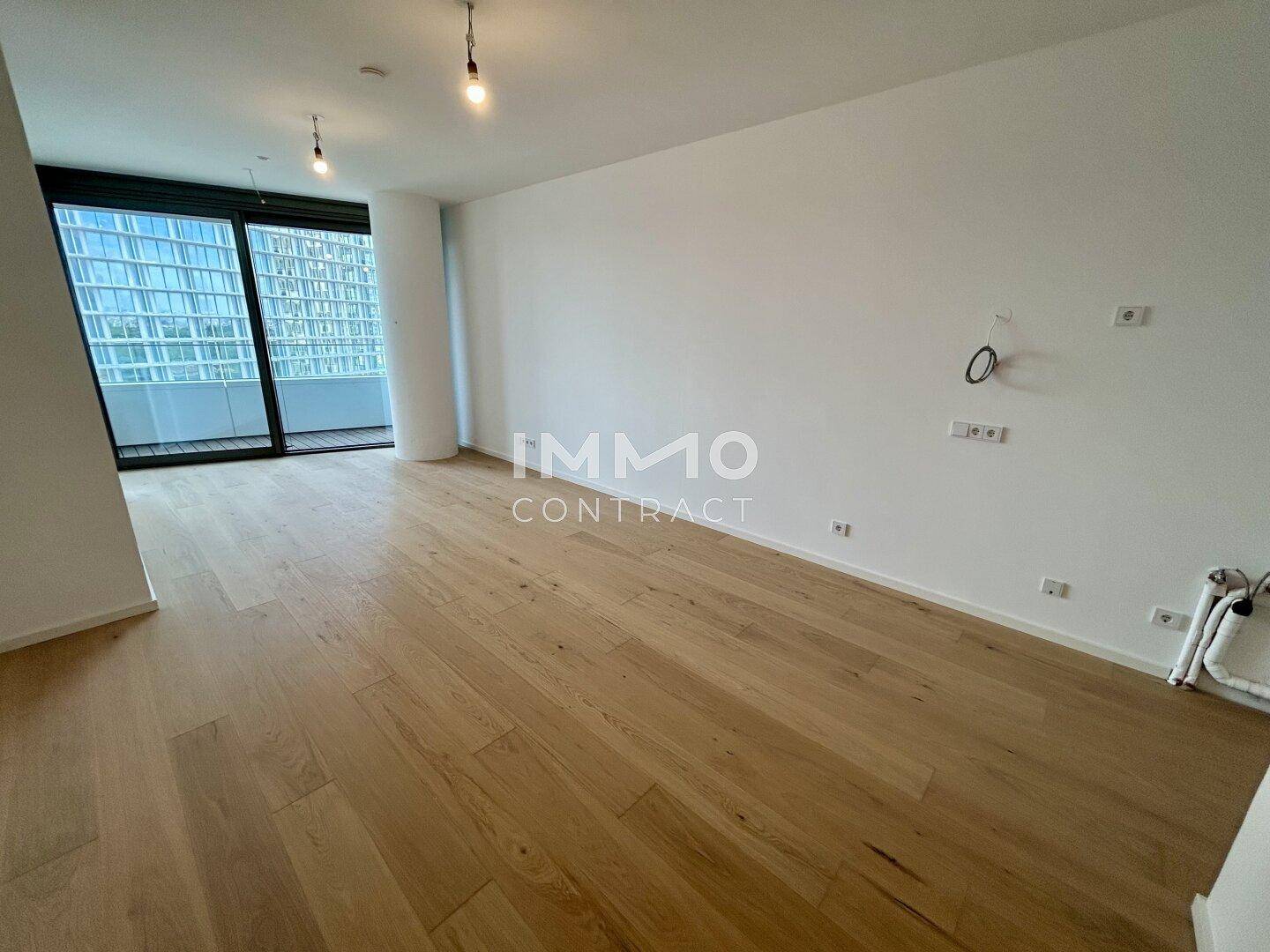 Heller, unmöblierter Wohnbereich mit modernem Holzparkett und Zugang zum Balkon.