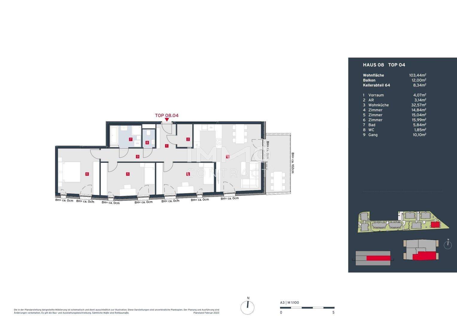 Grundriss der Wohnung Top 08.04 mit mehreren Zimmern, offenem Wohnbereich und einem Balkon.