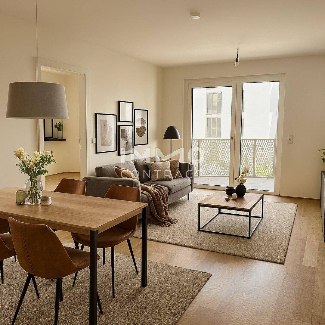 Heller Wohn- und Essbereich mit Holzboden, modernem Mobiliar und Zugang zum Balkon.