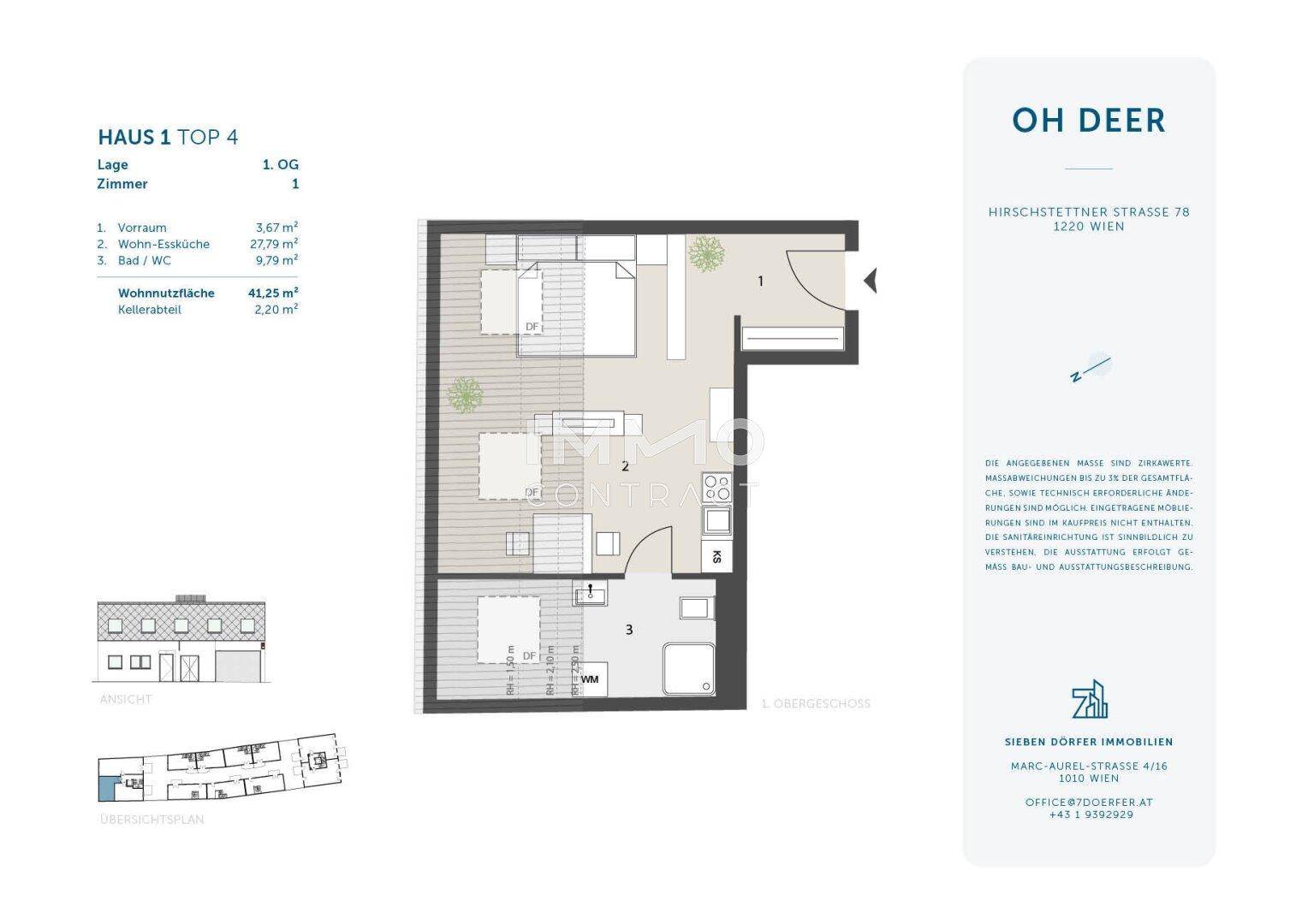 Detaillierter Grundriss einer Wohnung mit drei Zimmern, Wohnküche und Balkon.