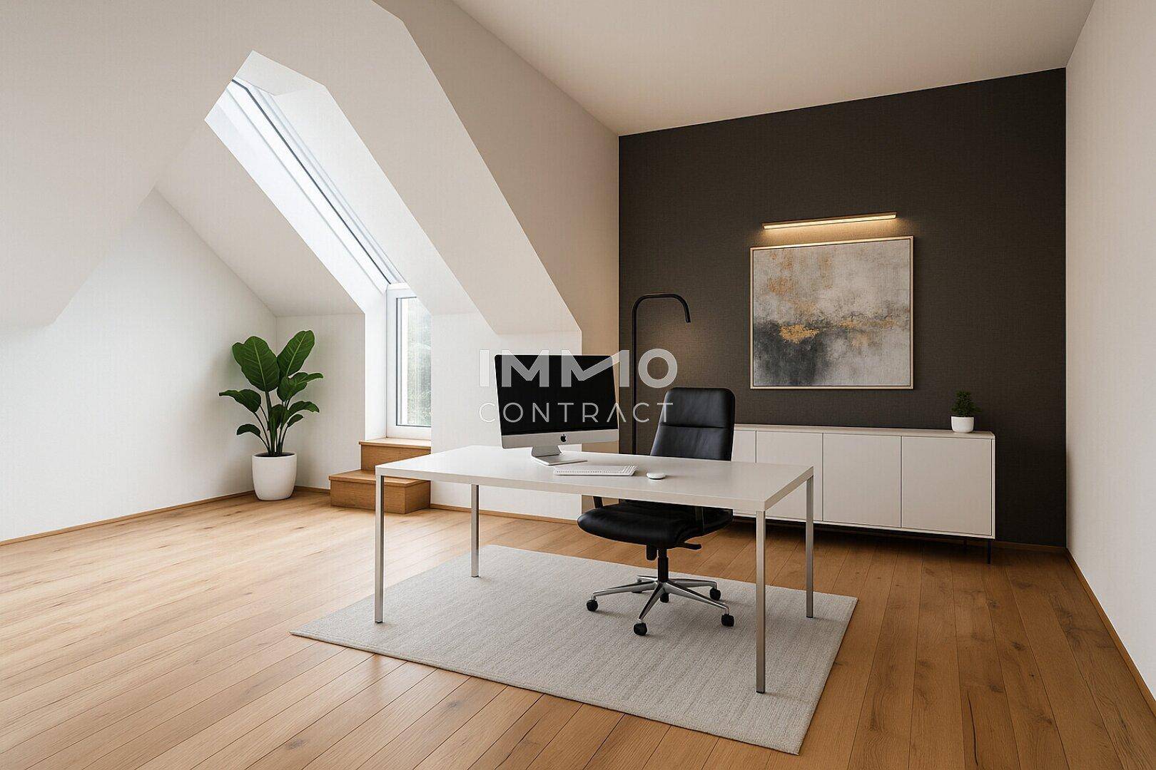 Modernes Büro mit Holzboden, Dachfenster und dunkler Akzentwand.