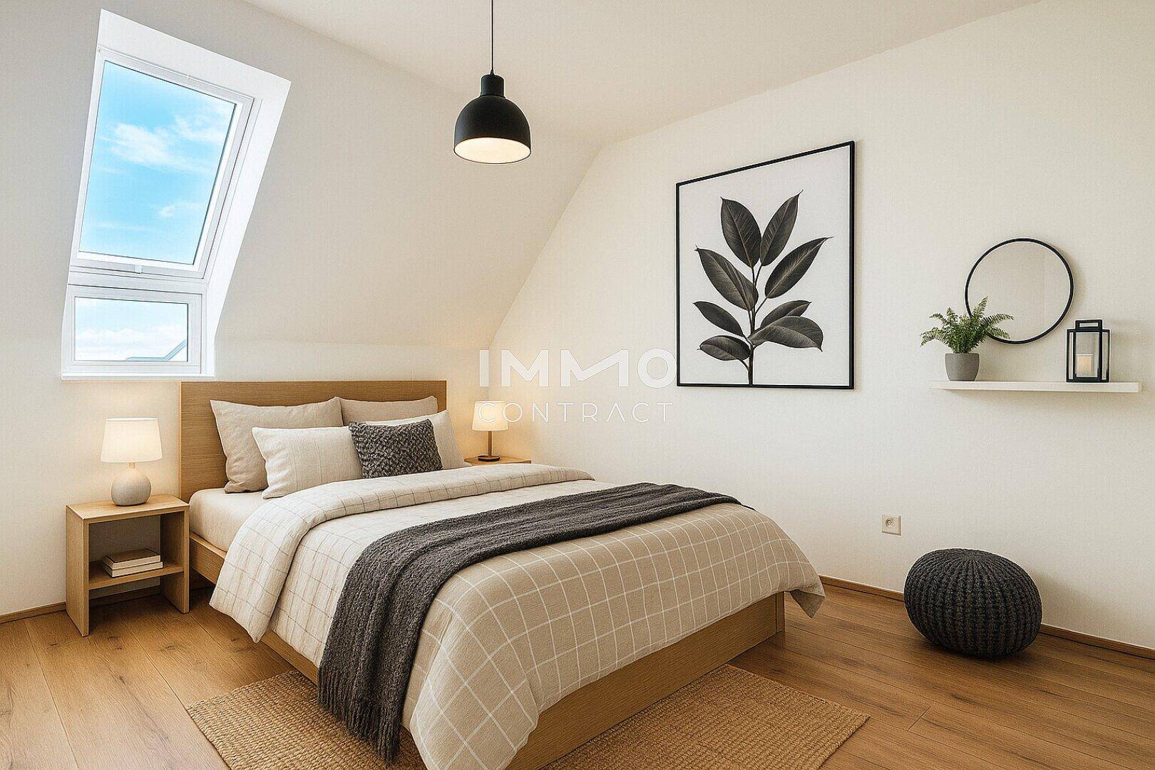 Gemütliches Schlafzimmer mit Holzboden, Dachfenster und moderner Einrichtung.