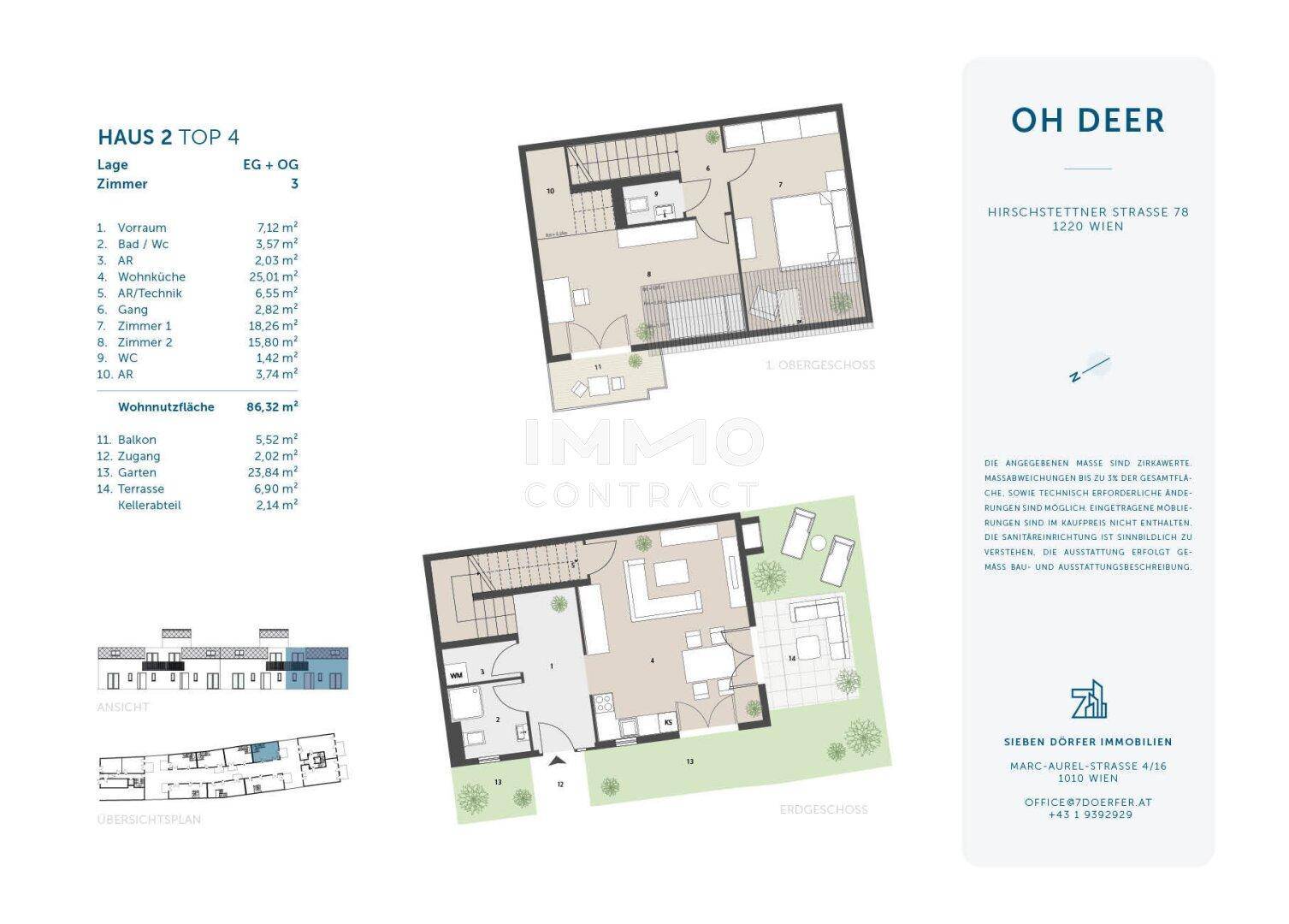 Grundriss für ein zweistöckiges Haus mit Garten, Balkon und Kellerabteil.