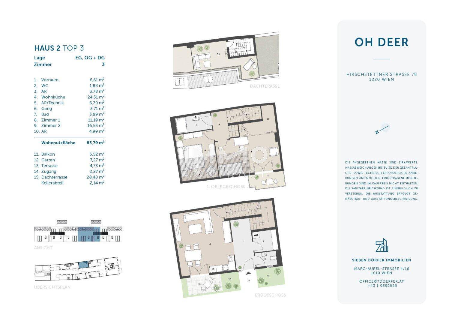 Detaillierter Grundrissplan für Haus 2 Top 3 mit verschiedenen Ebenen und Flächenangaben.