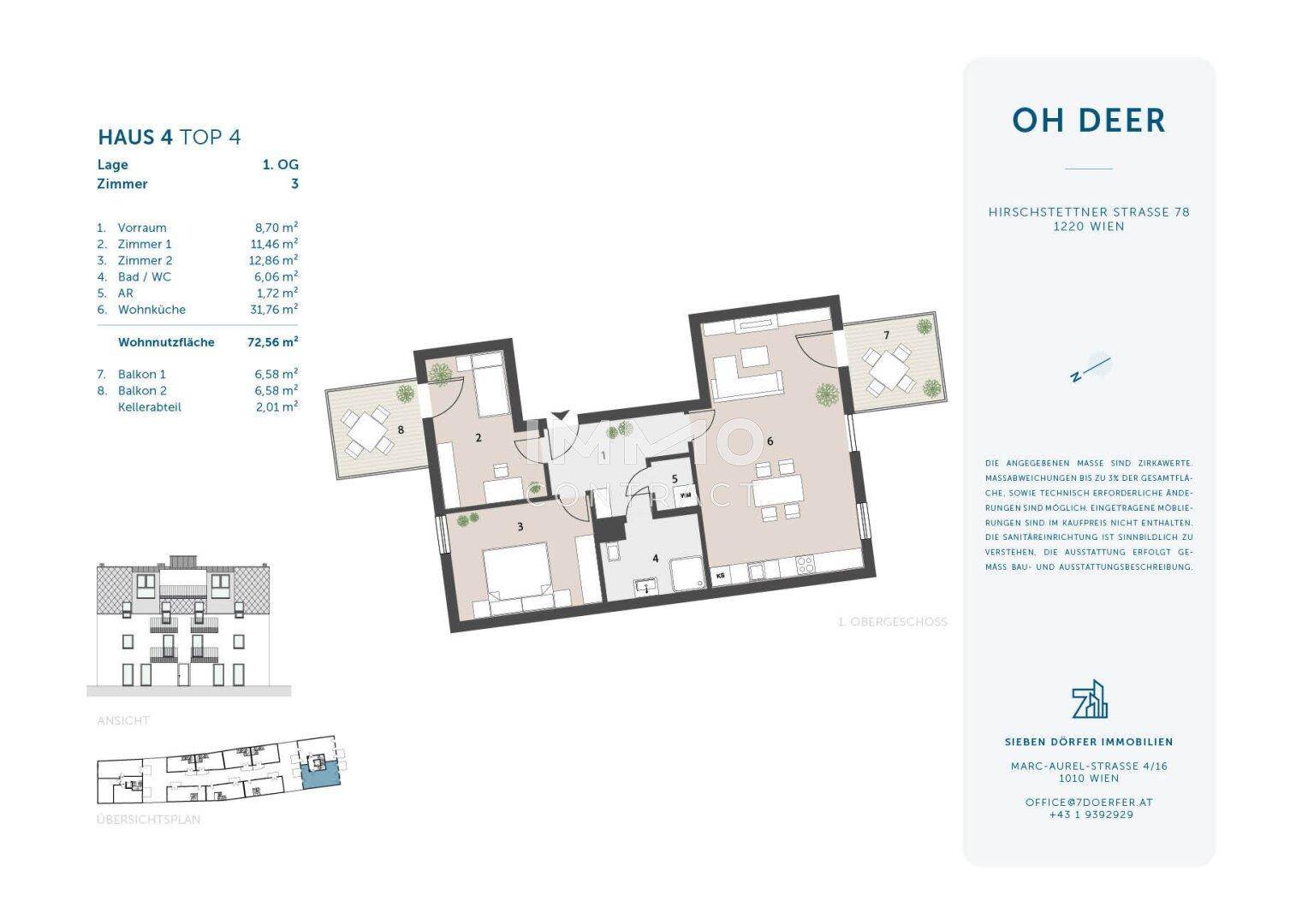 Detaillierter Grundriss von Haus 4, Top 4, mit zwei Balkonen und Kellerabteil.